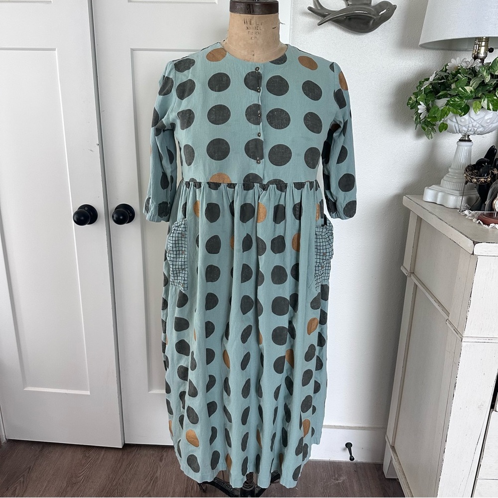Lagenlook Scandi Polka Dot Midi Dress pockets